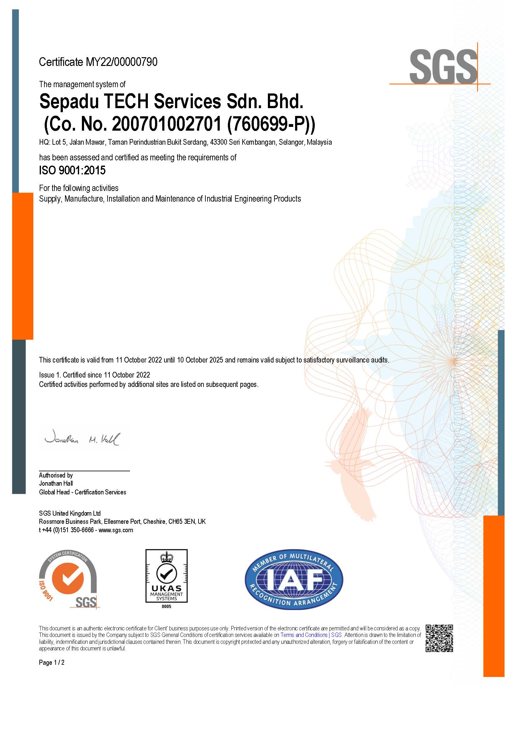 Sepadu UKAS Certificate Sepadu UKAS Certificate